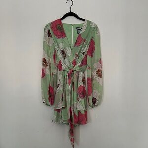Express Green and Pink Floral Wrap Dress